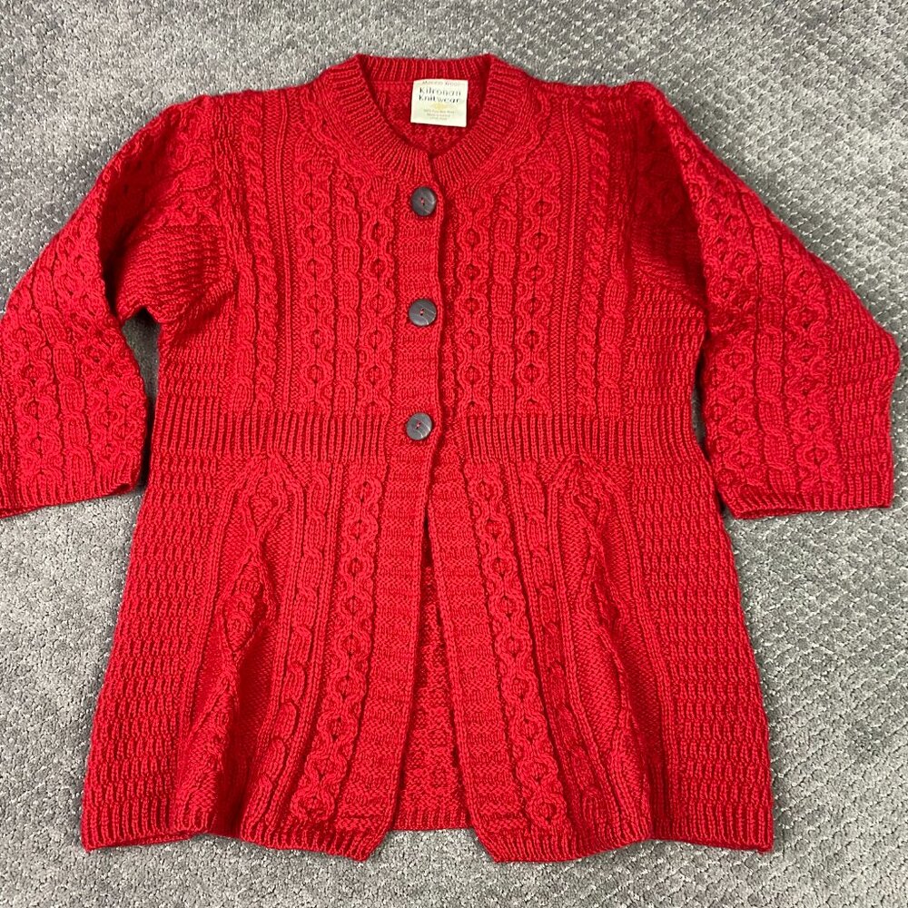 Kilronan Knitwear Cardigan Sweater Women's Medium Red Merino Wool Aran Irish